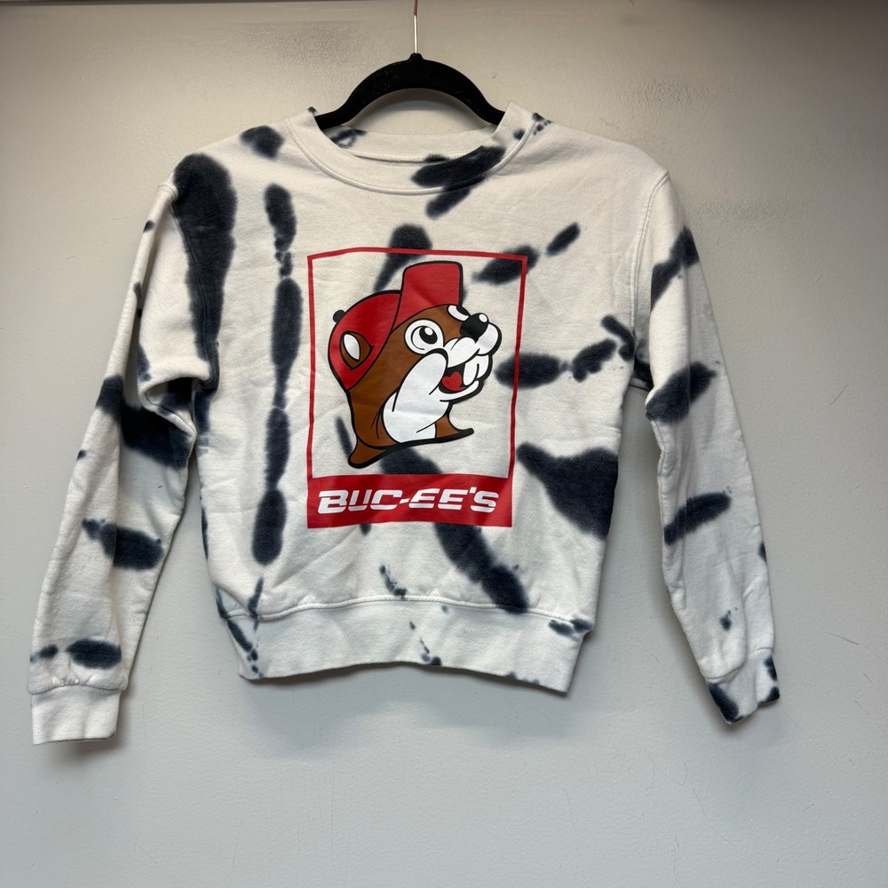 Buc-ee's Sweatshirt Kids Youth Large White Black Tie Dye Good Graphic Pullover